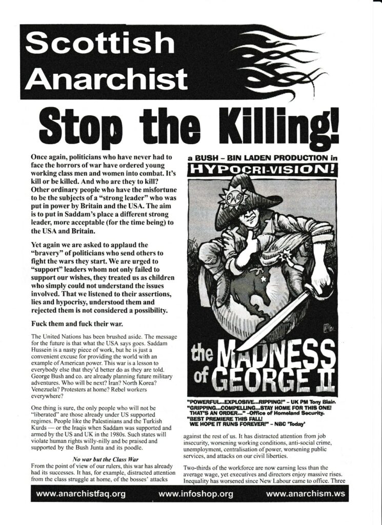 First page of the Stop the Killing bulletin published by Scottish Anarchists, describing how war is for the benefit of the ruling class.