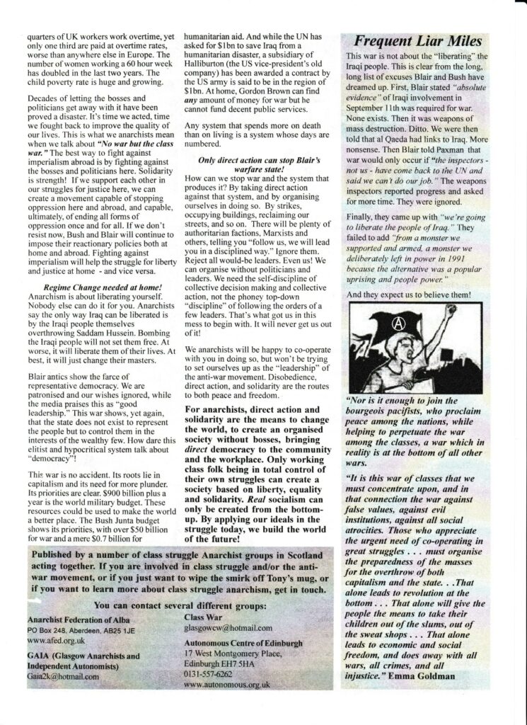 Second page of the Stop the Killing bulletin published by Scottish Anarchists, describing how we can make a change to the current political direction.