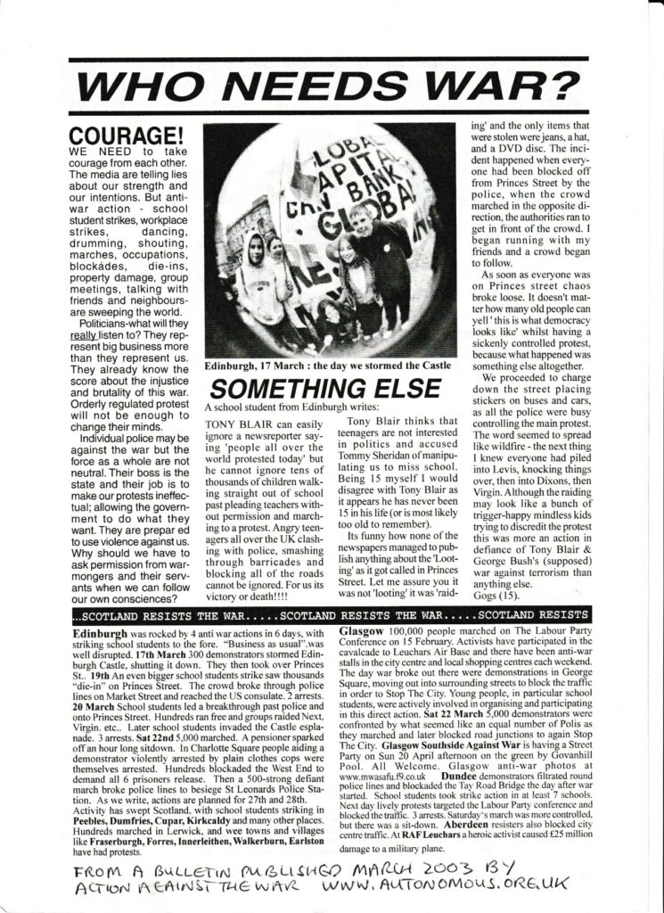 first page of a bulletin published by Action Against the War, March 3rd 2003, titled who needs war? followed by text encouraging people to protest against the iraq war
